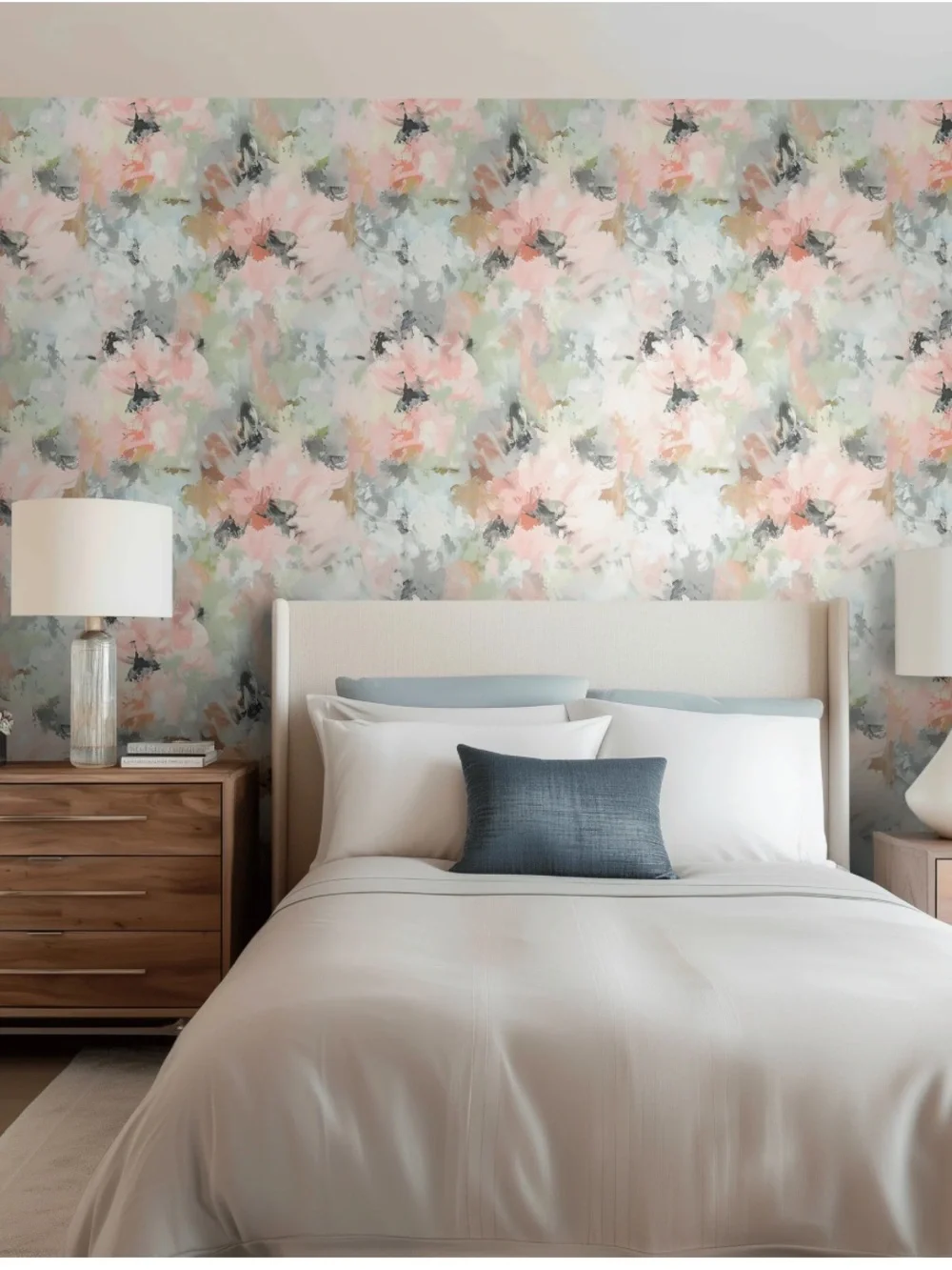 Floral Brushstroke Wallpaper Roll in Pink, White, Green -